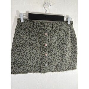 Mittoshop Skirt Women’s Medium Army Green Leopard Print Denim Distress Raw Hem